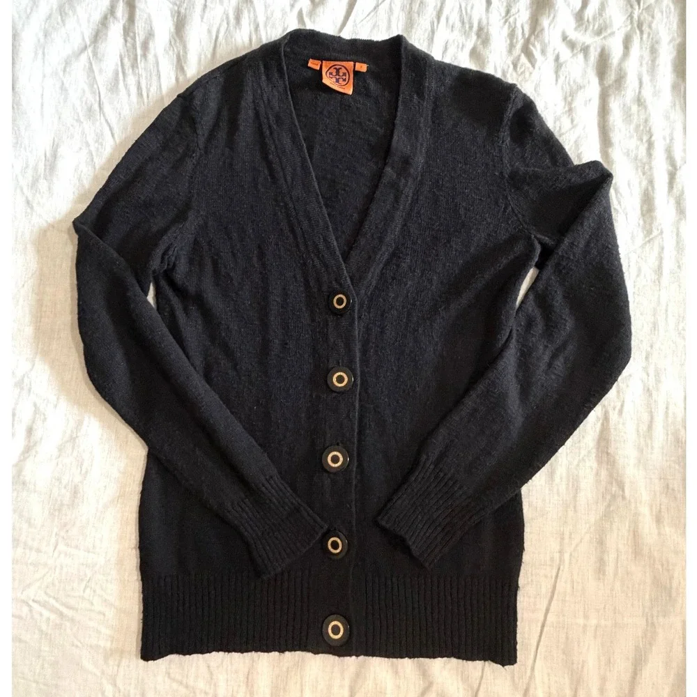 Tory Burch Cardigan Linen Cotton Women Small Black V-Neck Logo Button Sweater